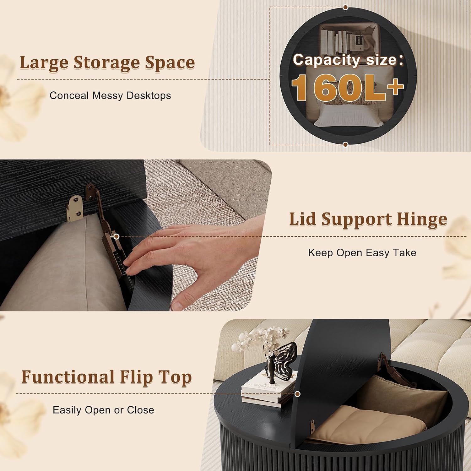 LYNCOHOME 31.5'' Fluted Flip Top Round Coffee Table with Storage, Drum Coffee Table, Modern Coffee Table for Living Room, Center Table for Living Room, Home Office, Black