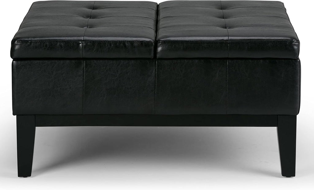 SIMPLIHOME Dover 36 inch Wide Contemporary Square Coffee Table Storage Ottoman in Midnight Black Vegan Faux Leather, Assembled, For the Living Room and Bedroom