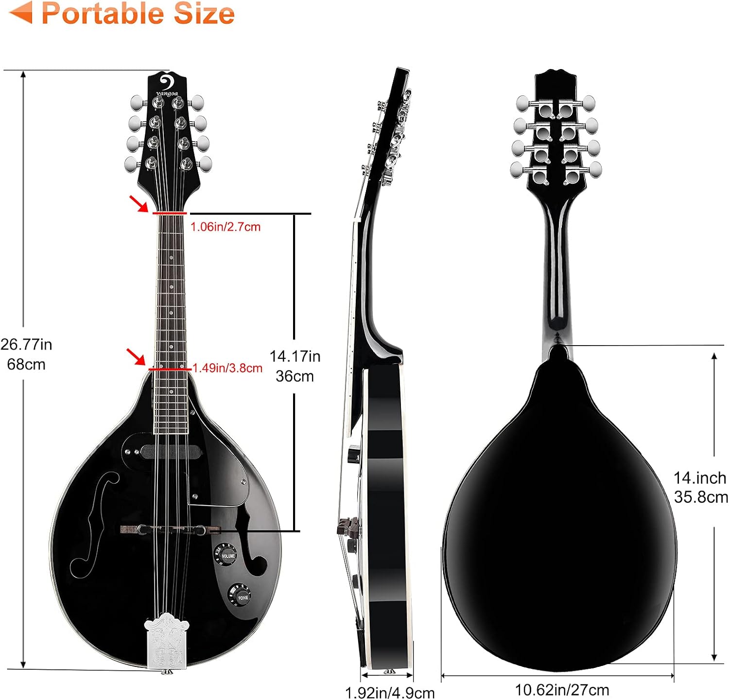 Vangoa Mandolin Instrument Mahogany Acoustic Electric A Style Mandolin Musical Instrument for Beginner Adults Teens Kids, Black