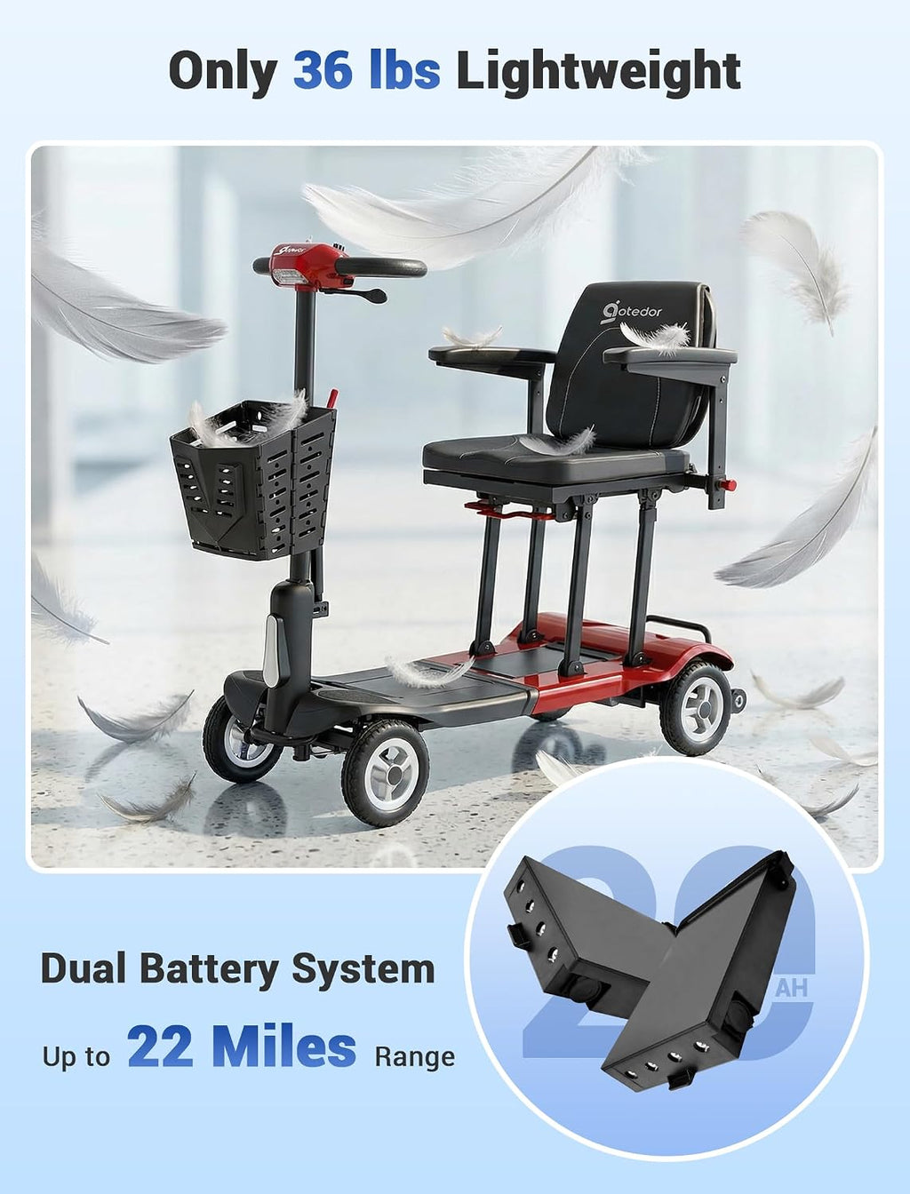 Aotedor Ultra Lightweight Mobility Scooter for Adults, 36 lbs Foldable Electric Scooter with Dual Lithium Batteries, 22 Miles Range Portable Travel Scooter for Seniors, Airline Approved