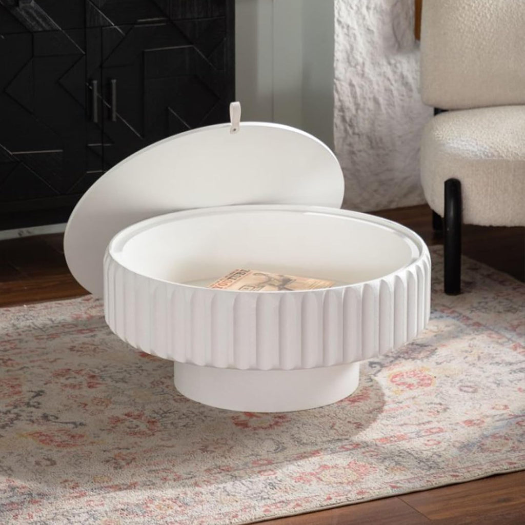 31.5'' White Round Coffee Table with Storage Space for Living Room, Modern Contemporary Circle Fluted Drum Pedestal Wood Coffee Table, Easy Assembly, White