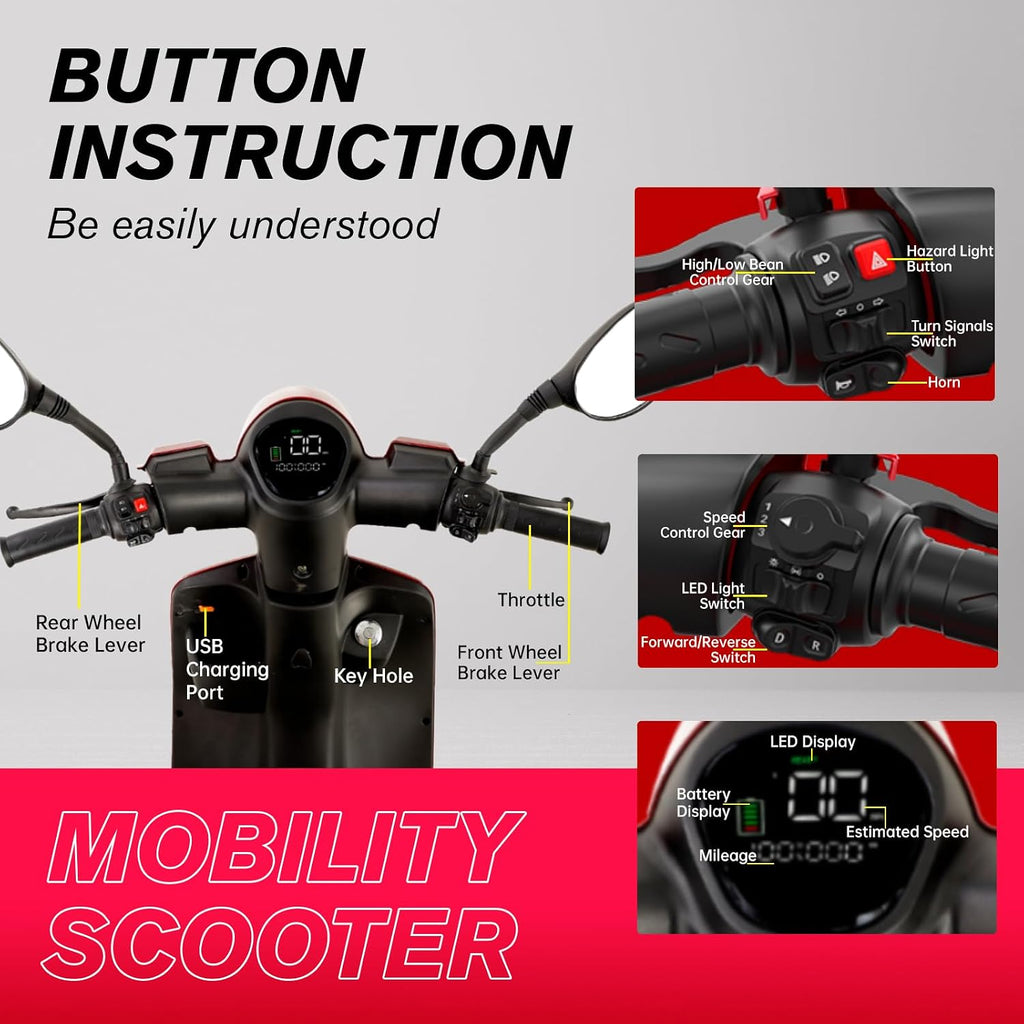 Heavy Duty 4 Wheel Mobility Scooters for Seniors & Adults 500lbs Capacity - Electric Powered Chair - 1000W All Terrain Fast Mobility Scooter for Travel w/Long Range Battery Remote Key