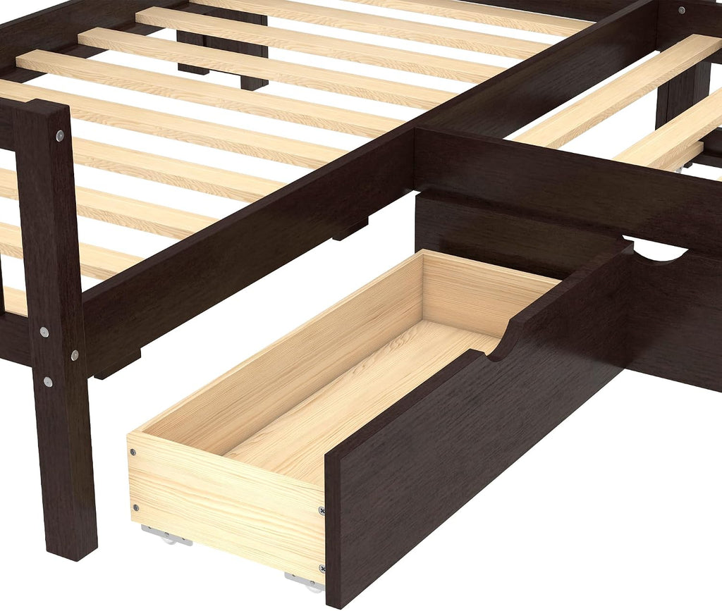 JIJIWANG L-Shaped Twin Platform Bed with Trundle & Storage Shelves, Solid Wood Space-Saving Corner Bed with Drawers, No Spring Box Needed, for Bedroom,Espresso