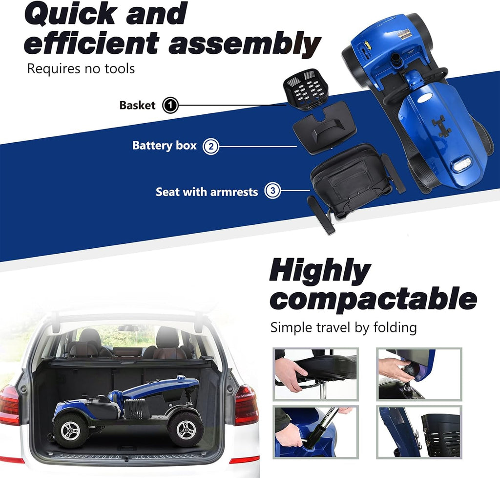 Mobility Scooters for Seniors & Adults 400 Lb Weight Foldable,All-Terrain Heavy Duty 4 Wheel Powered Scooter,Portable Disability Mobile Electric Wheelchair with Comfort Seat,15Miles,5MPH,Blue