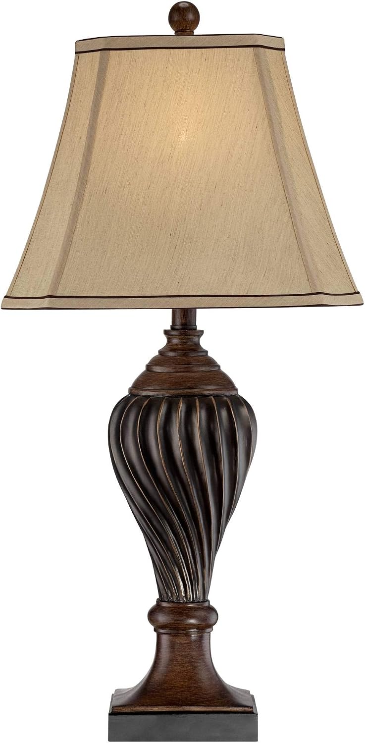 Regency Hill Carved 28 1/2' Tall Urn Traditional End Table Lamps Set of 2 Two-Tone Brown Finish Beige Shade Living Room Bedroom Bedside Nightstand House Office Home Kitchen Entryway Console Family