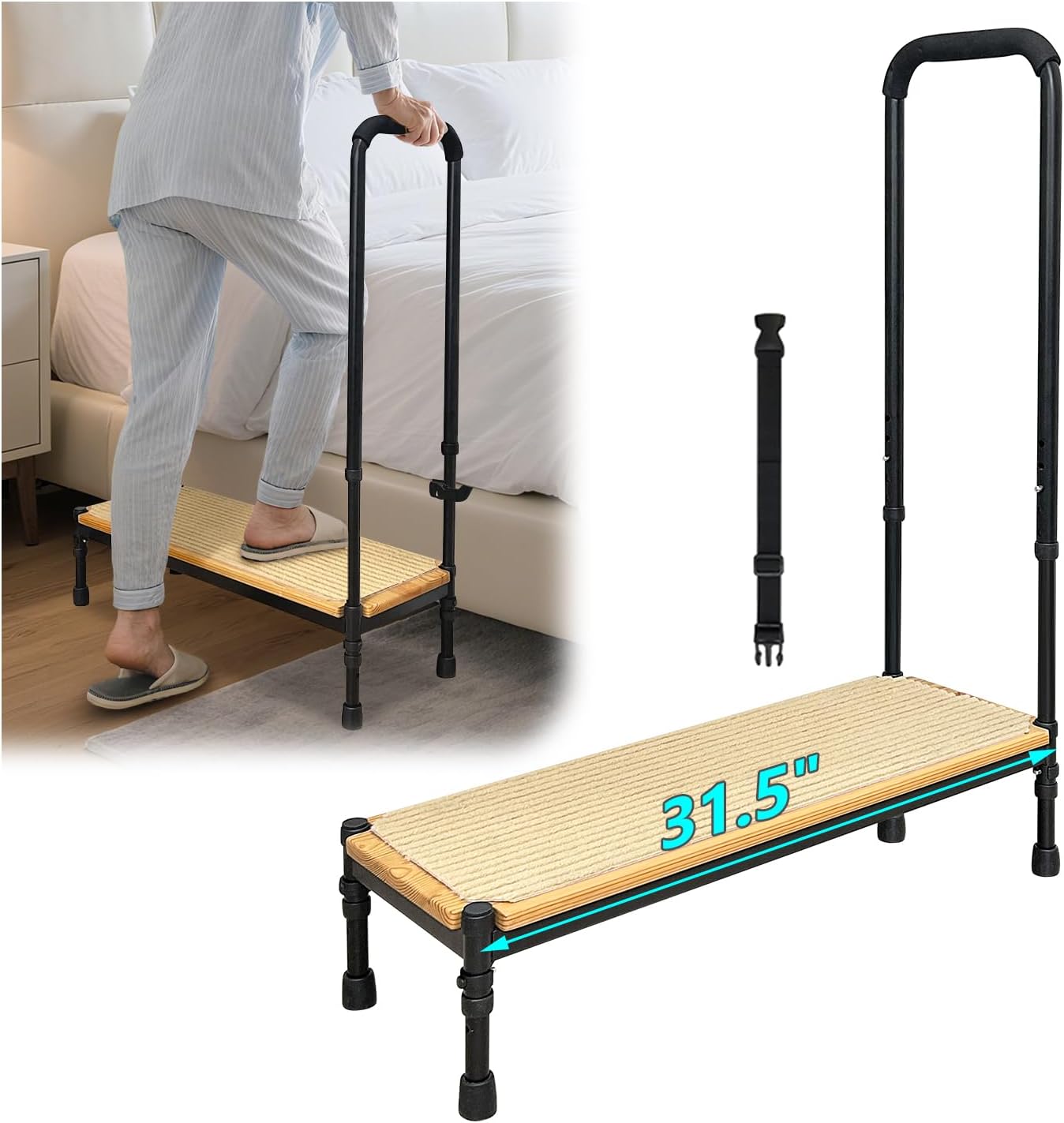 Bed Step Stool with Adjustable Handle for Elderly, Medical Step Stool for Bedside for Adults, 31.5' Long Safety Step Platform, Bed Stool for High Beds, Heavy Duty SUV Stepping Stool with Anti-Slip Mat