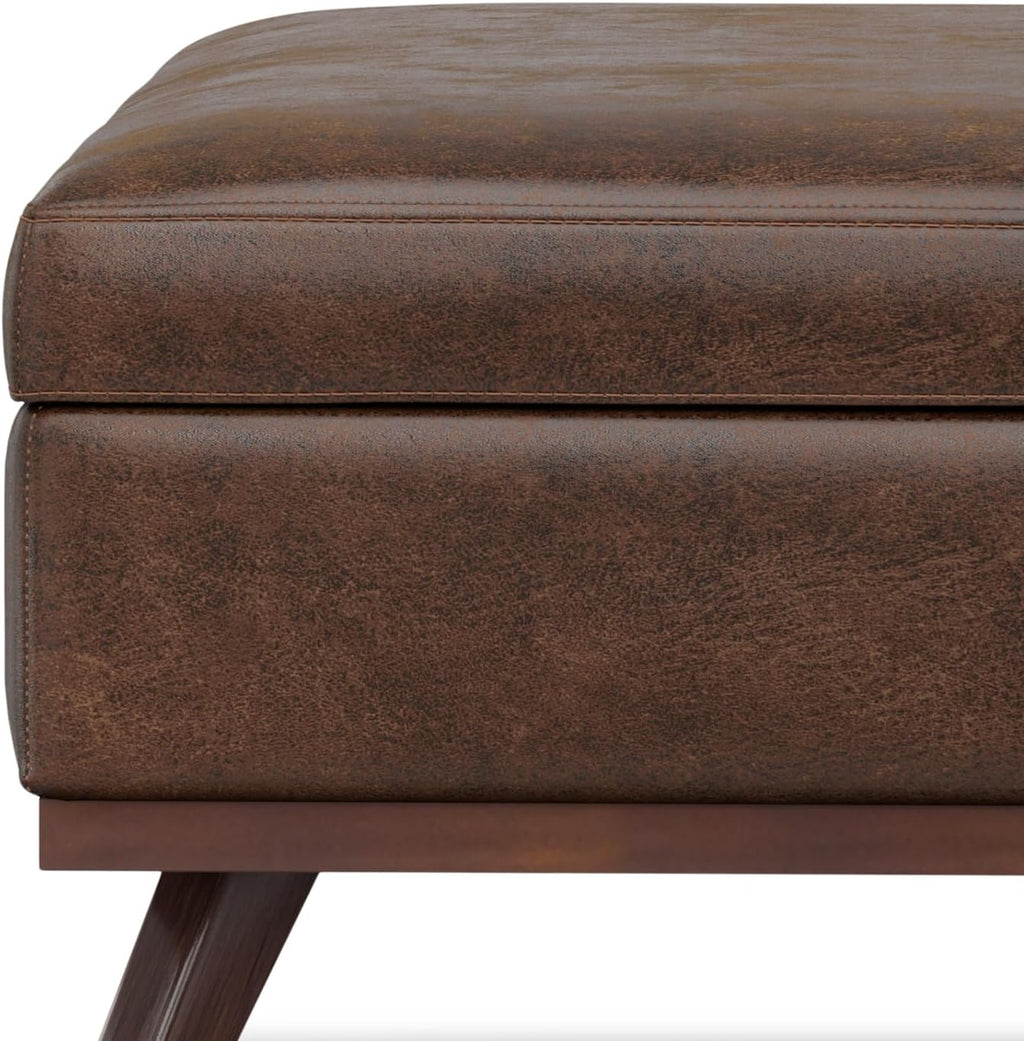 SIMPLIHOME Owen XL Square Coffee Table Storage Ottoman - 40 inch Wide Upholstered Vegan Leather Lift-Top Ottoman in Distressed Chestnut Brown, Mid-Century Modern Ottoman for Living Room with Storage