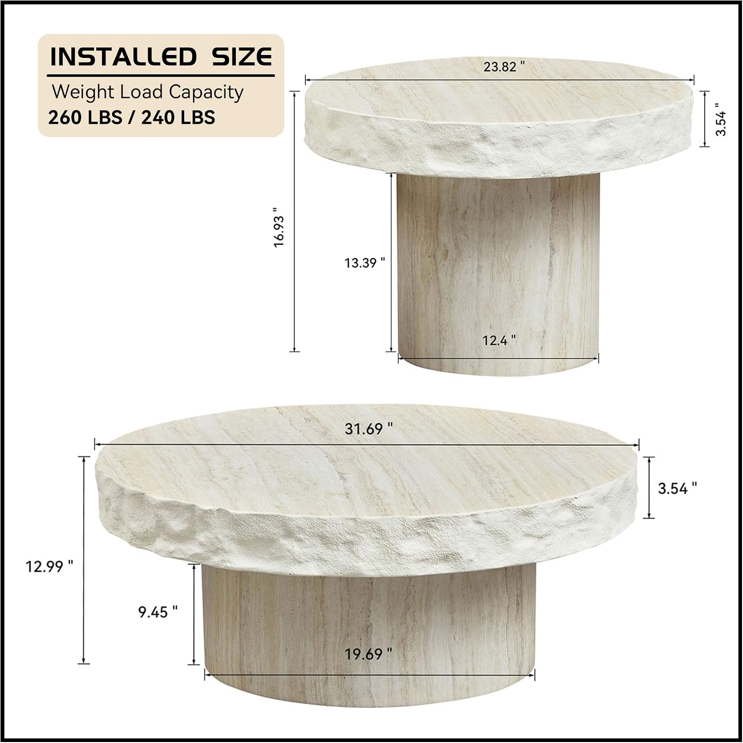 WILLIAMSPACE Round Nesting Coffee Table with Faux Mars Pattern for Living Room, Modern Fiberglass Circle Travertine Center Table with Base, Faux Stone Tea Table, No Need Assembly, 31.7'+23.8' (Beige)