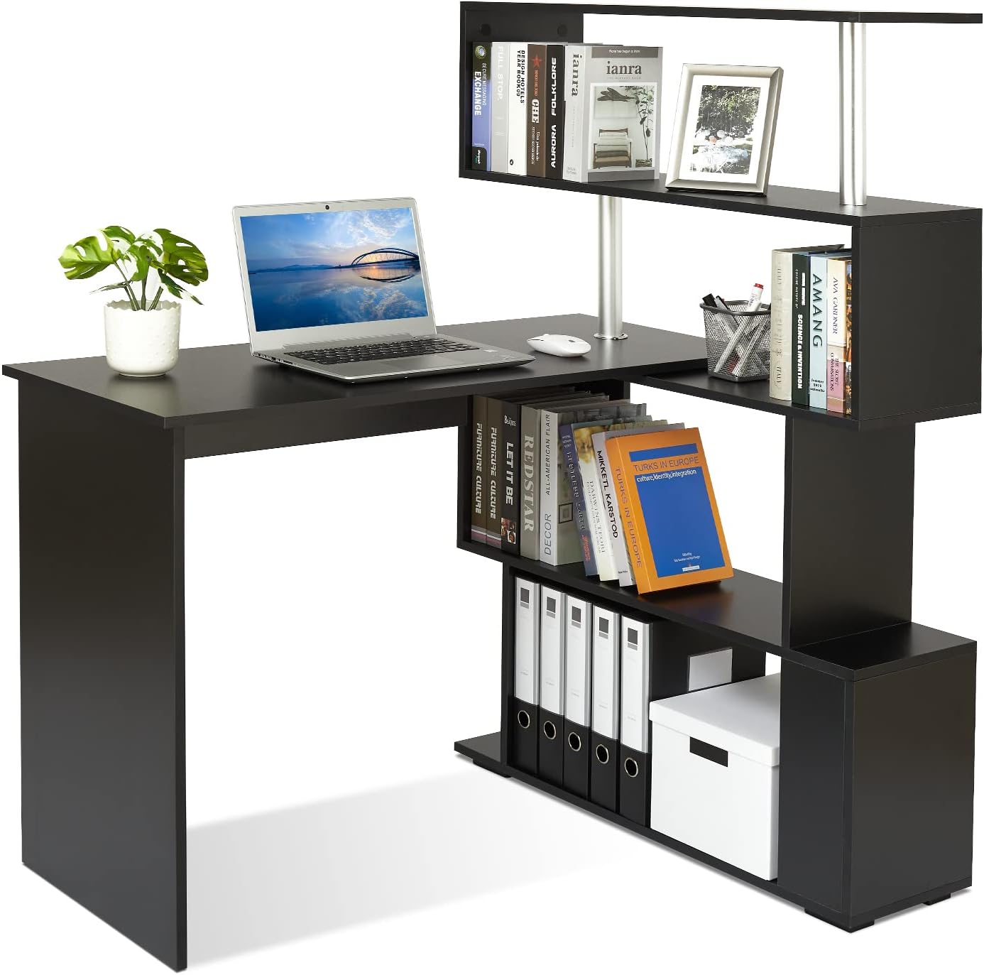 Mondeer 41.7' L Shaped Desk with 4-Tier Storage Shelves, Computer Corner Desk for Study Home Office Living Room (Black)