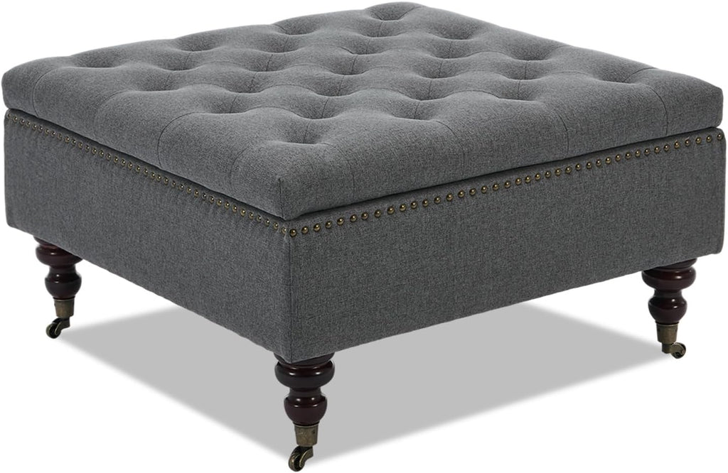 4-in-1 Square Storage Ottoman Bench with Rolling Wheels,Large Ottoman with Storage,Upholstered Coffee Table for Living Room/Bedroom,Dark Gray