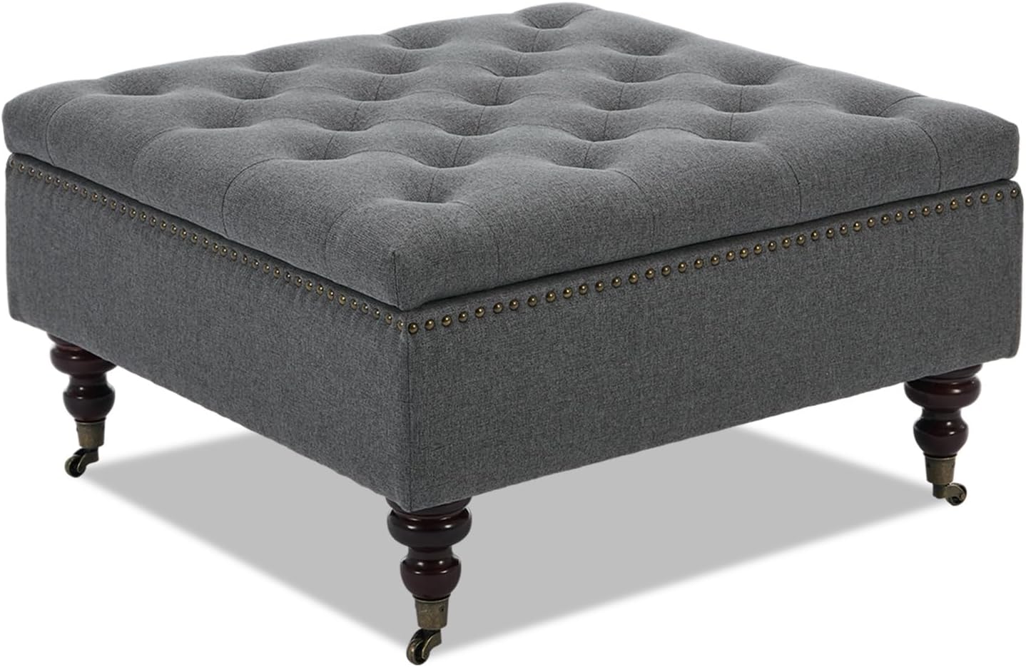 4-in-1 Square Storage Ottoman Bench with Rolling Wheels,Large Ottoman with Storage,Upholstered Coffee Table for Living Room/Bedroom,Dark Gray