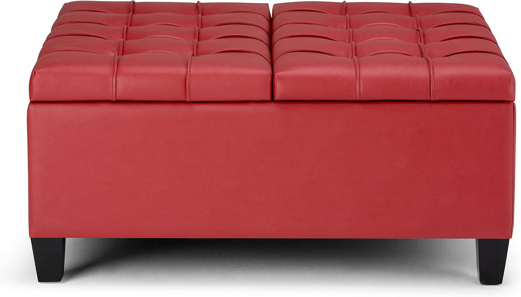 SIMPLIHOME Harrison Coffee Table Storage Ottoman - 36 inch Wide Upholstered Vegan Leather Square Lift-Top Ottoman in Crimson Red, Transitional Ottoman for Living Room with Hidden Storage