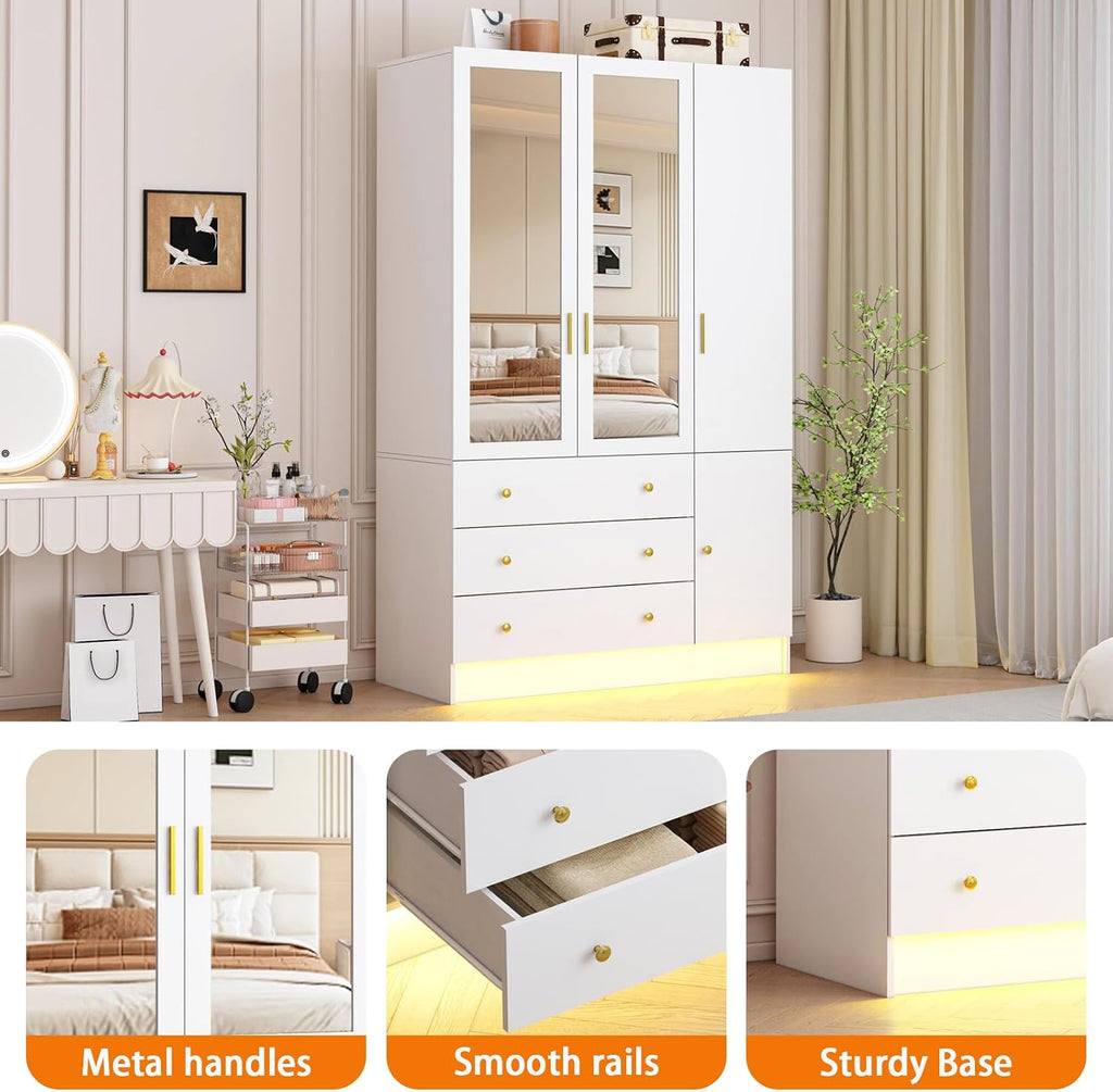 3 Doors LED Wardrobe Closet, 75' Tall Modern Armoire with Mirror & 3 Drawers, Wooden Armoire Wardrobe Closet for Bedroom, Hanging Rod, Freestanding Clothing Storage Cabinet, White