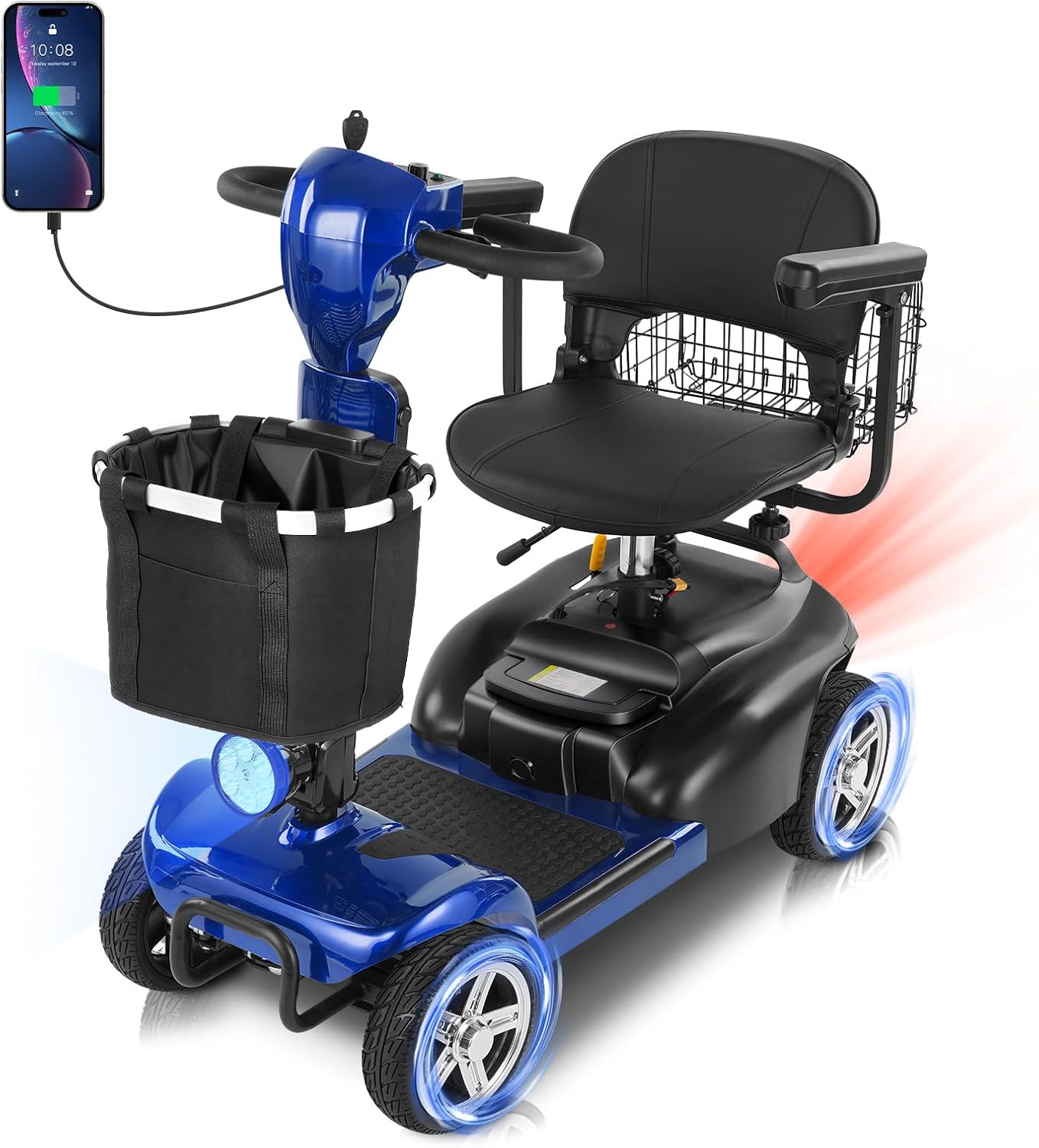 20 Miles 4 Wheels Mobility Scooter for Seniors/Adults Up to 300LBS,350W Electric Wheelchair Detachable Lithium Battery,Dual Baskets,Rotating Seat,with Taillight, USB Charging, Blue 18AH