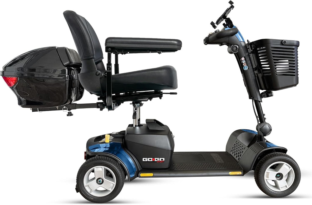 Pride Go Go Sport 4 Wheel Mobility Scooter + Lockable Storage Pod, Rear Basket, Cell Phone Mount, New Easy Turn Feature, LED Headlight, Foldable Seat, 325 Lbs Capacity, Warranty