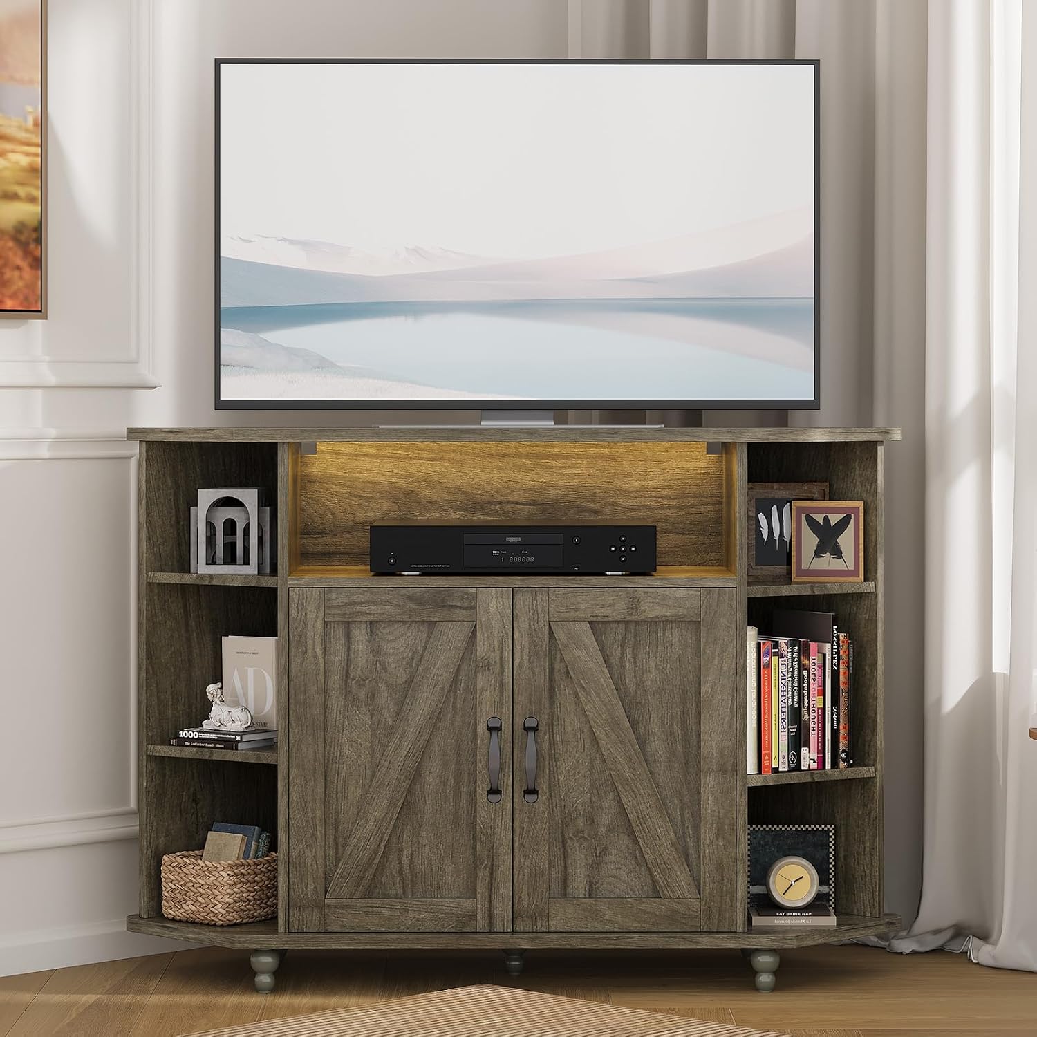 4 EVER WINNER Corner TV Stand for 50 Inch TV, 45' Farmhouse Corner Entertainment Center with Led Light, Open Storage, Adjustable Shelves, TV Cabinets for Living Room, Bedroom, Grey
