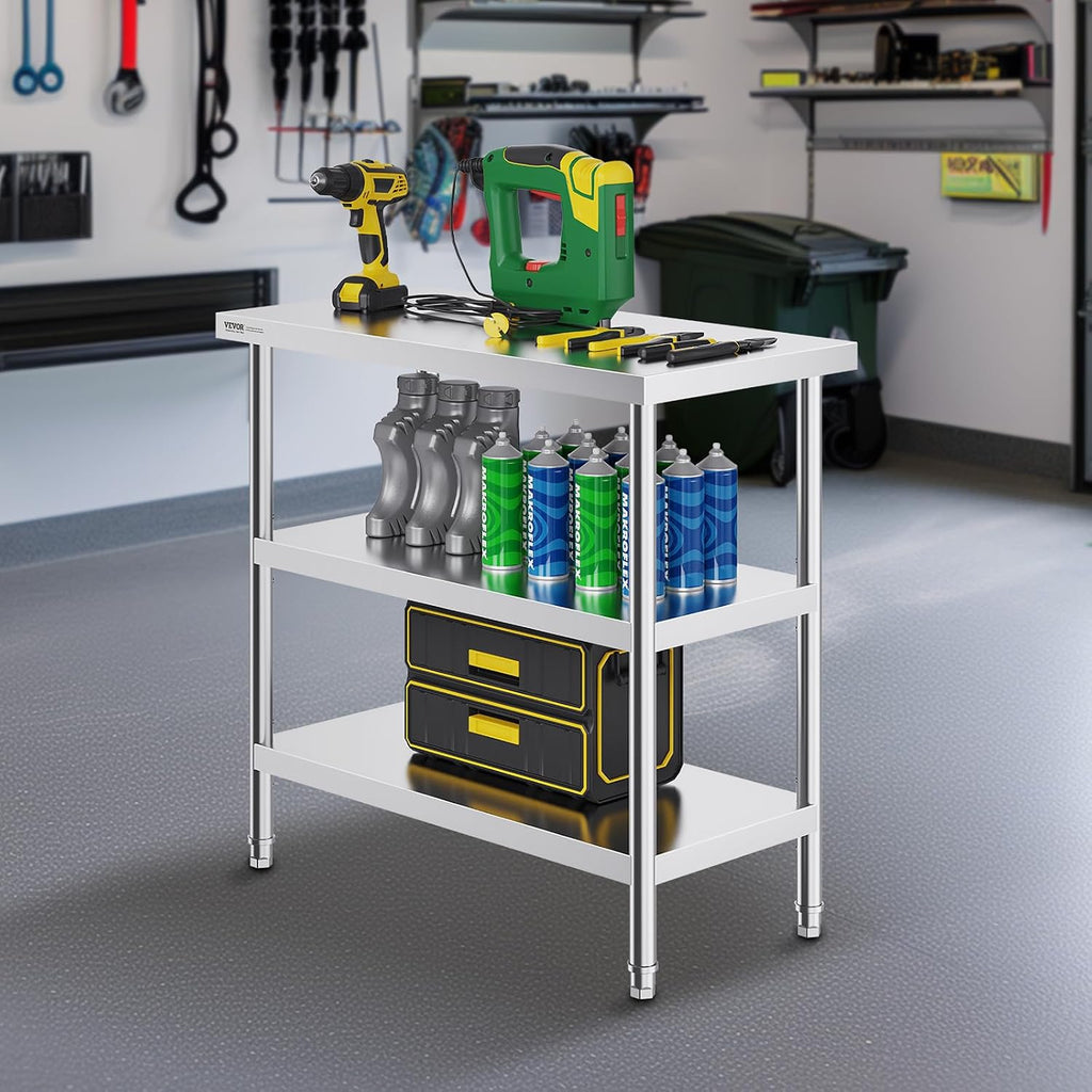 VEVOR Stainless Steel Food Prep Table, 18 x 36 x 34 Inch Commercial Kitchen Worktable, with 2 Adjustable Undershelf, Heavy Duty Prep Metal Work Table for BBQ, Kitchen, Home, and Garage