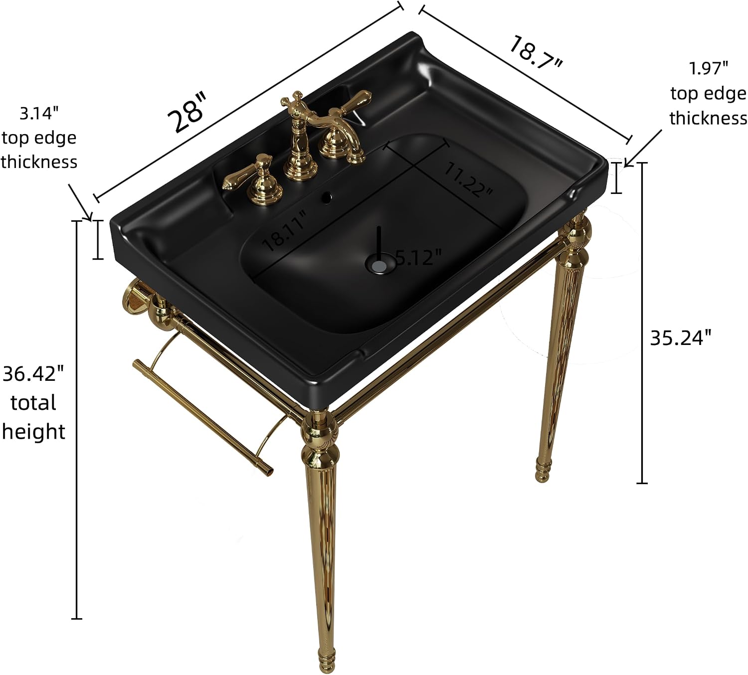 28' Bathroom Console Sink, Wall-Mounted White Ceramic Vanity Basin with 3 Pre-drilled Faucet Holes, Freestanding Gold Stainless Steel Support Legs with Towel Bar, No Faucet - Rome, Black
