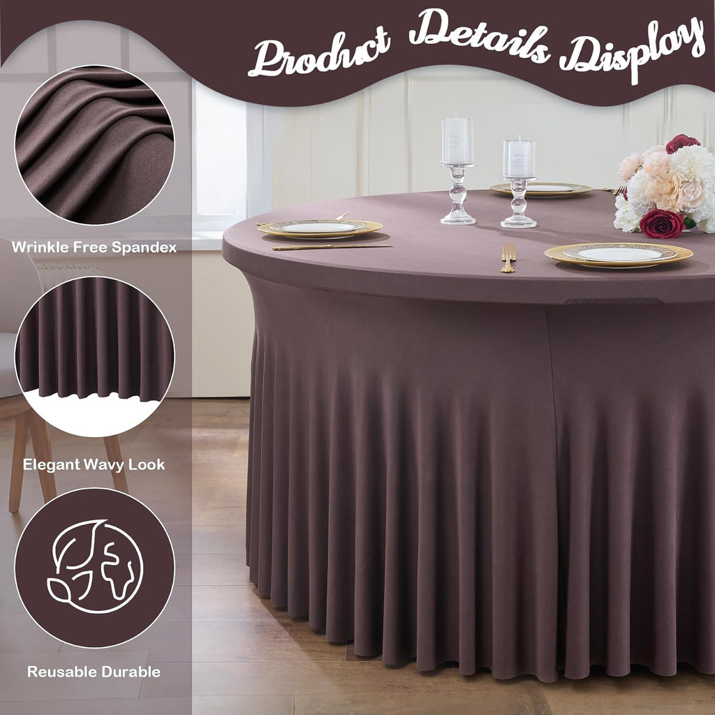 leegleri 6 Pack Spandex Brown Round Tablecloths for 60in Tables, Stretchy 120inch Fitted 5FT Round Table Cloths, Wrinkle Free Table Cover with Skirt for Wedding Birthday Party Bridal Shower Banquet