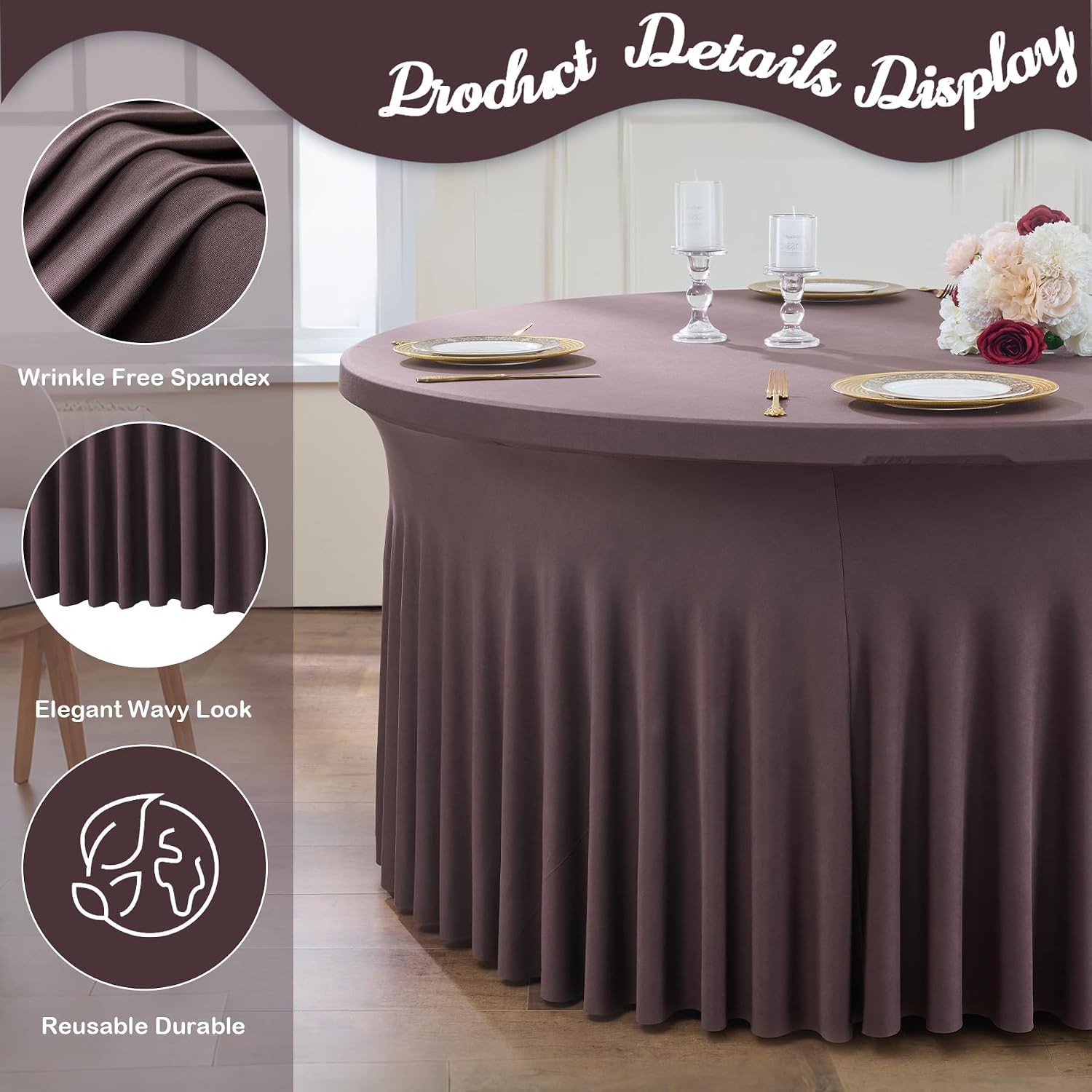 leegleri 6 Pack Spandex Brown Round Tablecloths for 60in Tables, Stretchy 120inch Fitted 5FT Round Table Cloths, Wrinkle Free Table Cover with Skirt for Wedding Birthday Party Bridal Shower Banquet