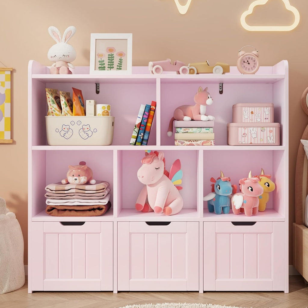Gizoon Toy Storage Organizer with 3 Movable Drawers and 6 Open Shelves Kids Bookshelf Featuring Fall Prevention Barrier for Playroom Nursery Kids Room Organization, Pink, Painted