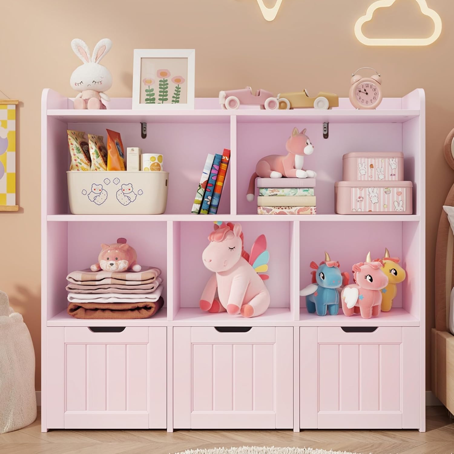 Gizoon Toy Storage Organizer with 3 Movable Drawers and 6 Open Shelves Kids Bookshelf Featuring Fall Prevention Barrier for Playroom Nursery Kids Room Organization, Pink, Painted