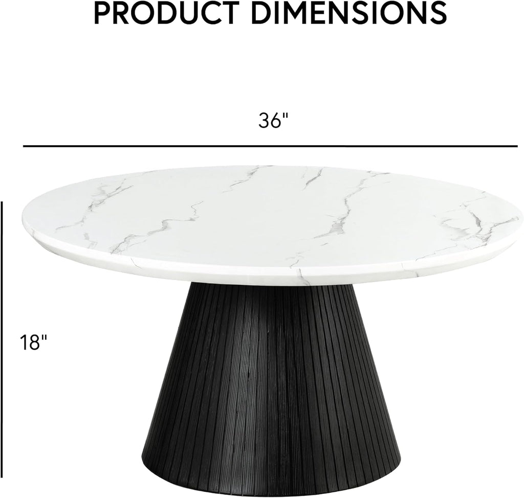 Furniture of America Coraly Modern 36-inch Round Coffee Table with High Gloss Faux Marble Top and Fluted Pedestal Base for Small Space, Living Room, Home Office, Black and White