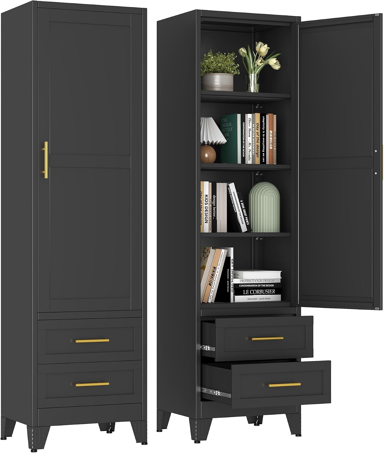 67' Tall Narrow Metal Storage Cabinet, Freestanding Pantry Organizer, Black | Slim Bathroom Cabinets with 2 Drawers & 3 Adjustable Shelves, Multi-Use Cupboard for Kitchen Office Living＆ Dining Room
