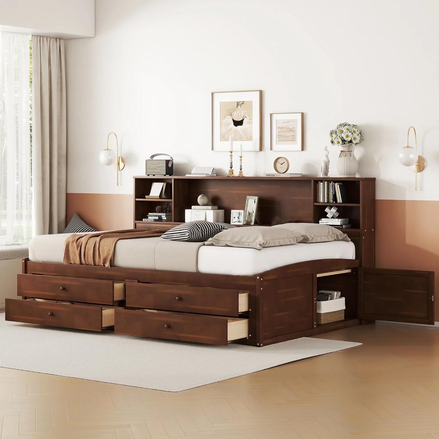 MERITLINE Full Daybed with Storage Drawers,Shelves & Bookcase,Solid Wood Captains Bed with Storage Headboard, Drawers and Cabinets,for Adults