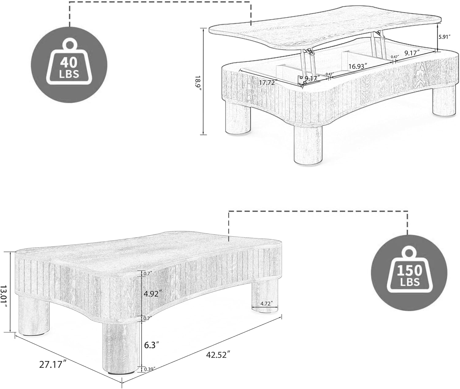 42' Cloud Fluted Lift Top Coffee Table with Hidden & Open Storage, Modern Center Table with Hydraulic Raising Mechanism, Irregular Shape Tea Table with Curved Safety Corners, Light Brown