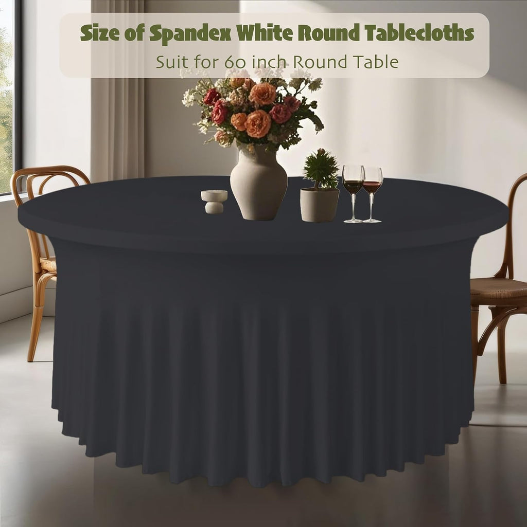 WJWHQ 10 Pack Black Round Spandex Tablecloths for 60in Tables, 120Inch Stretchy Fitted 5FT Round Table Clothes,Wrinkle Free Table Cover with Skirt for Wedding Party Dining Banquet