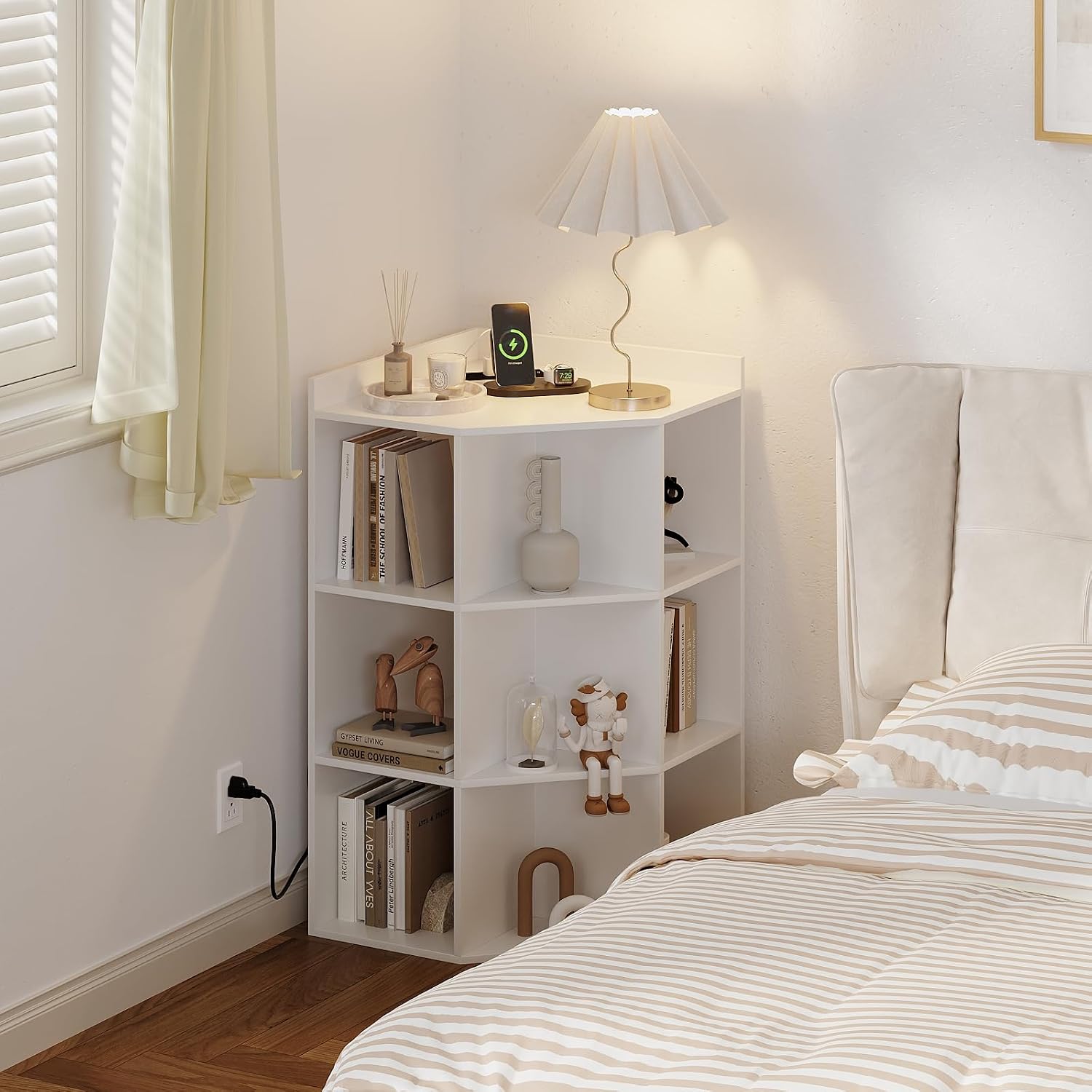 ALISENED 9 Cubes White Corner Cabinet, Corners Cube Shelf with USB Ports and Outlets, Toy Corners Storage for Small Space, Wooden Cubby Corner Bookshelf for Living Room, Bedroom, Dining Room, Kitchen