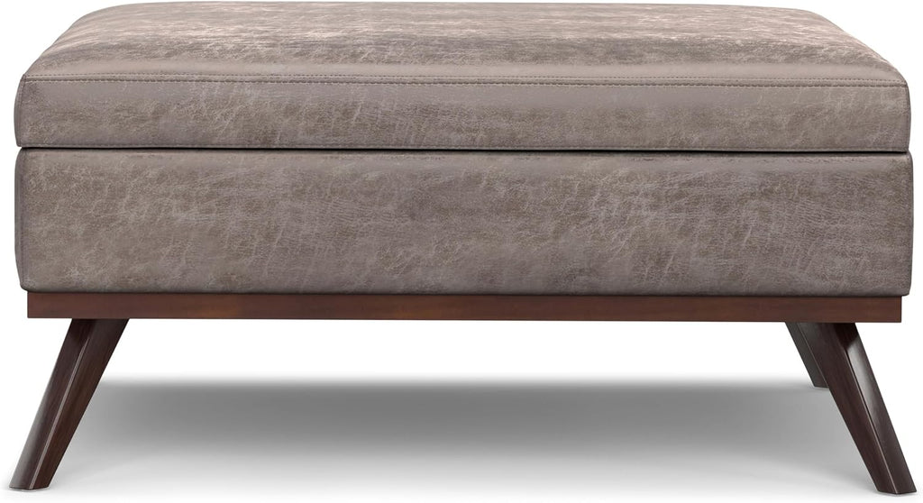 SIMPLIHOME Owen XL Square Coffee Table Storage Ottoman - 40 inch Wide Upholstered Vegan Leather Lift-Top Ottoman in Distressed Grey Taupe, Mid-Century Modern Ottoman for Living Room with Storage