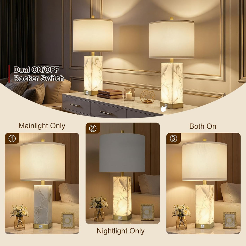 Scenekoy 23' Alabaster Table Lamps Set of 2 for Living Room Bedroom, Bedside Lamps with USB A+C Ports, Modern Table Lamp with Linen Shade for Living Room Bedroom Nightstand (Bulbs Included)