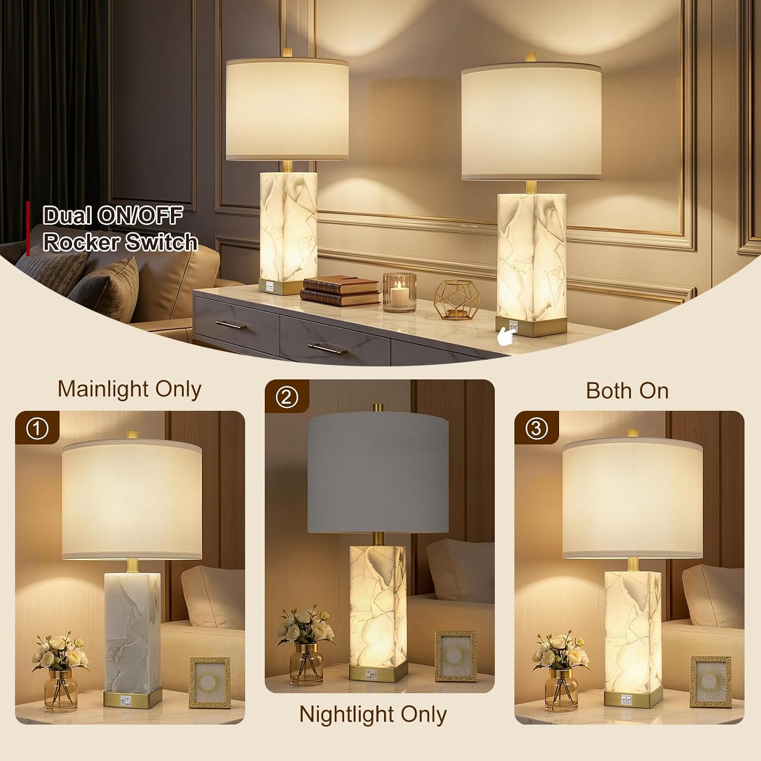 Scenekoy 23' Alabaster Table Lamps Set of 2 for Living Room Bedroom, Bedside Lamps with USB A+C Ports, Modern Table Lamp with Linen Shade for Living Room Bedroom Nightstand (Bulbs Included)