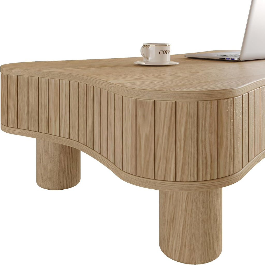 42' Cloud Fluted Lift Top Coffee Table with Hidden & Open Storage, Modern Center Table with Hydraulic Raising Mechanism, Irregular Shape Tea Table with Curved Safety Corners, Natural