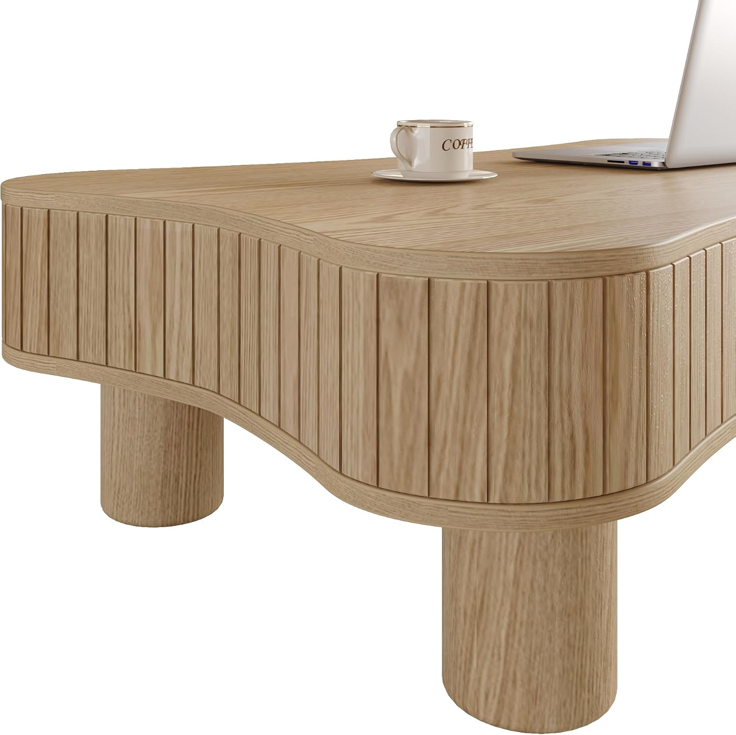 42' Cloud Fluted Lift Top Coffee Table with Hidden & Open Storage, Modern Center Table with Hydraulic Raising Mechanism, Irregular Shape Tea Table with Curved Safety Corners, Natural