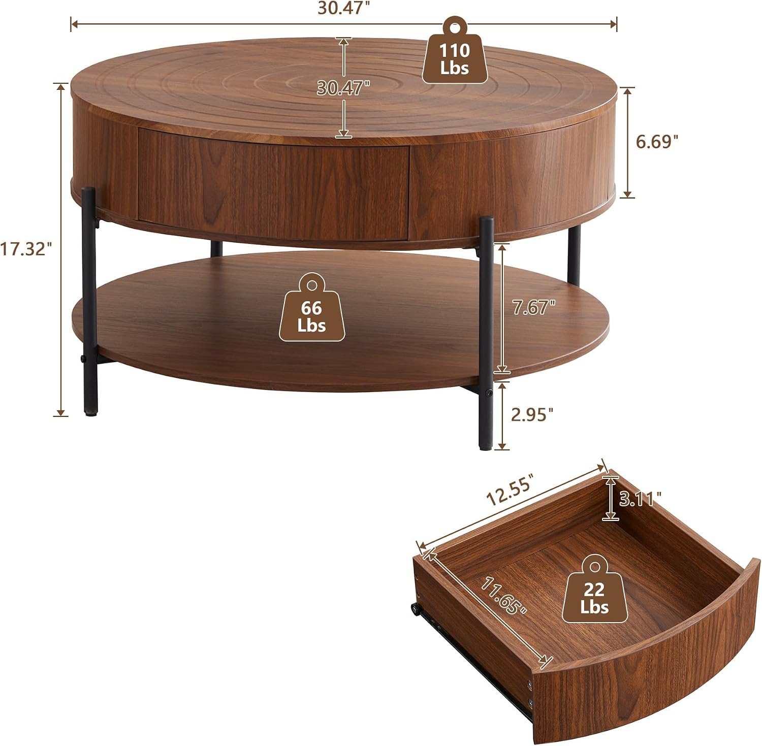 RARZOE 30.5' Round Coffee Table with Storage, Wooden Circle Coffee Table with Drawer, Storage Shelf, Metal Legs，Small Dining Table Accent Center Table for Living Room Home Office Apartment,Walnut
