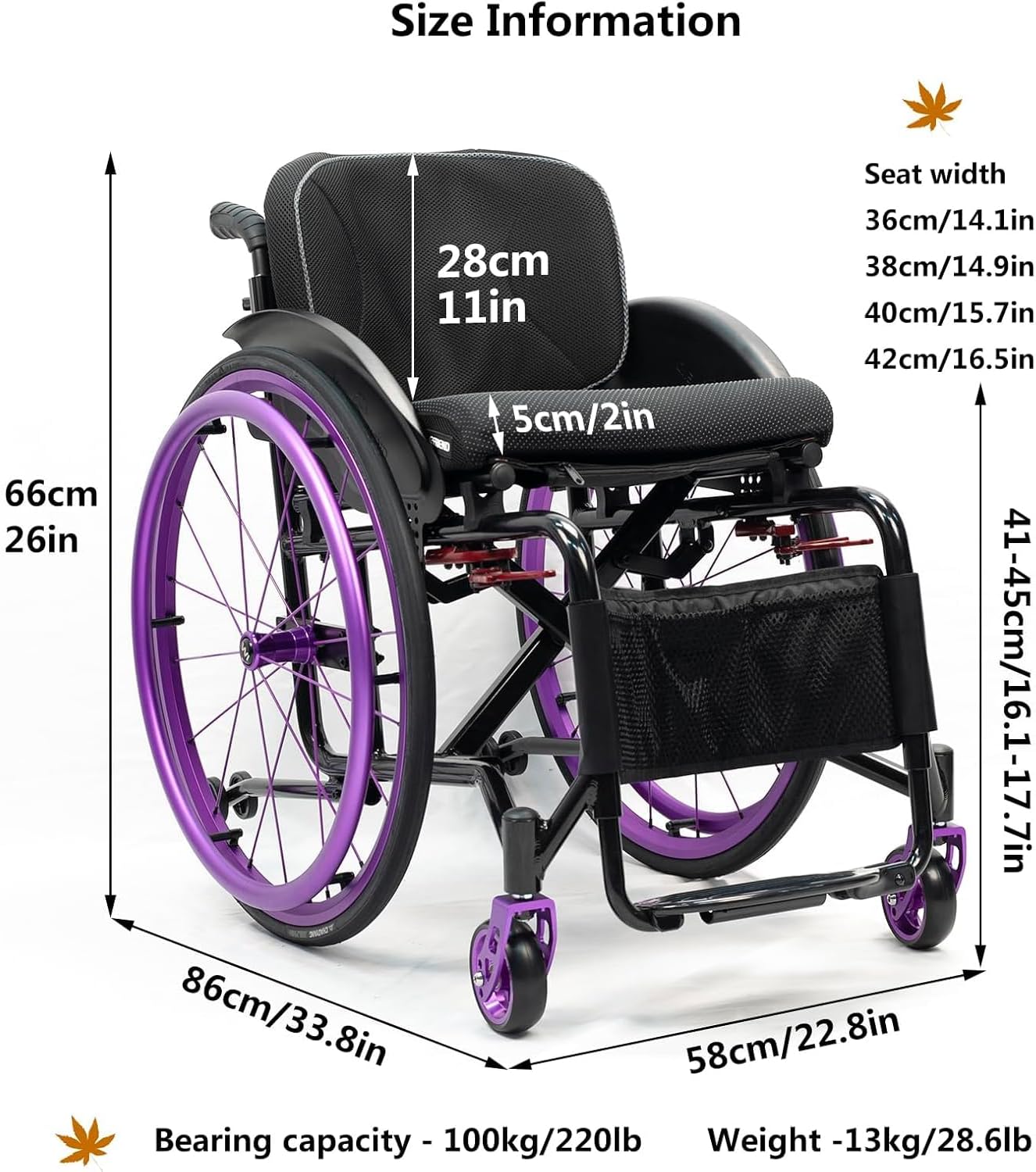 Wheelchairs for Adults,Sports and Leisure Wheelchairs,Portable Manual Wheel Chair,Folding All-Terrain Ultra Lightweight Wheelchair,Self-propelled Transport Wheelchairs(Seat Width 42cm/16.5in,Purple)