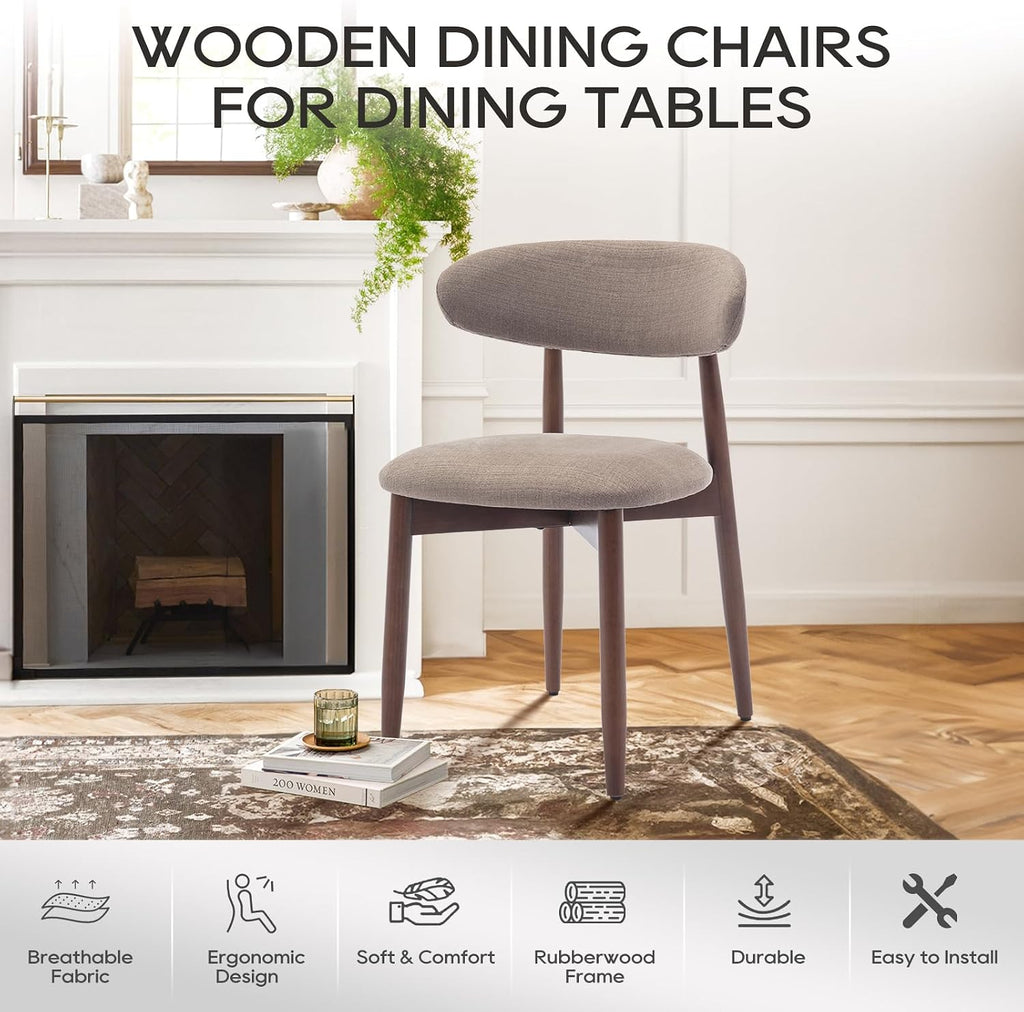 COLAMY Wooden Dining Chairs Set of 2, Modern Fabric Upholstered Dining Room Chair, Farmhouse Kitchen Chair with Foot Pegs, Camel