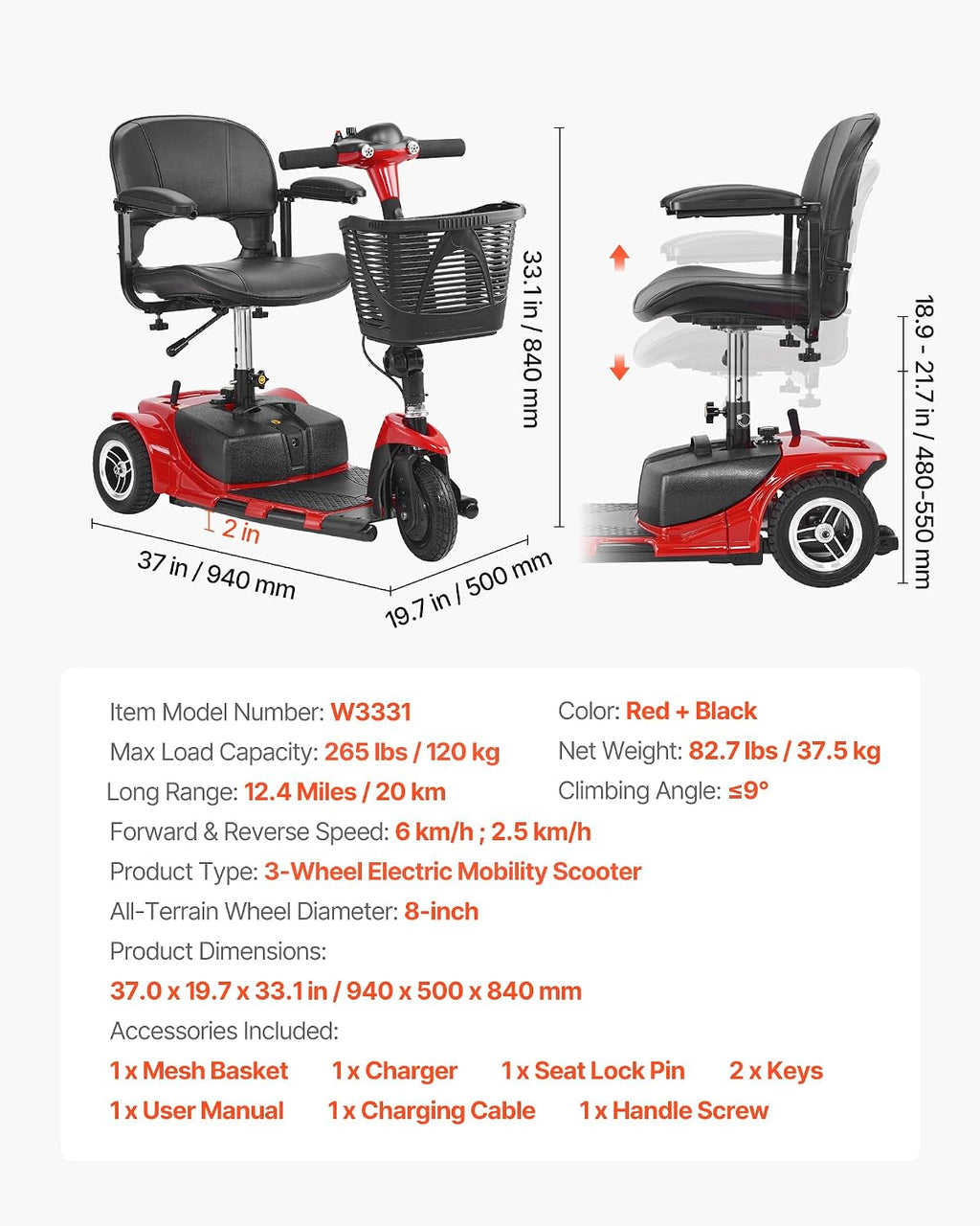 VEVOR 2025 Upgraded 3 Wheel Folding Mobility Scooter for Adults & Seniors,Electric Powered Mobility Scooter & 12 Mile Long Range, All Terrain Travel Wheelchair with 9° Climbing, 265lb Capacity