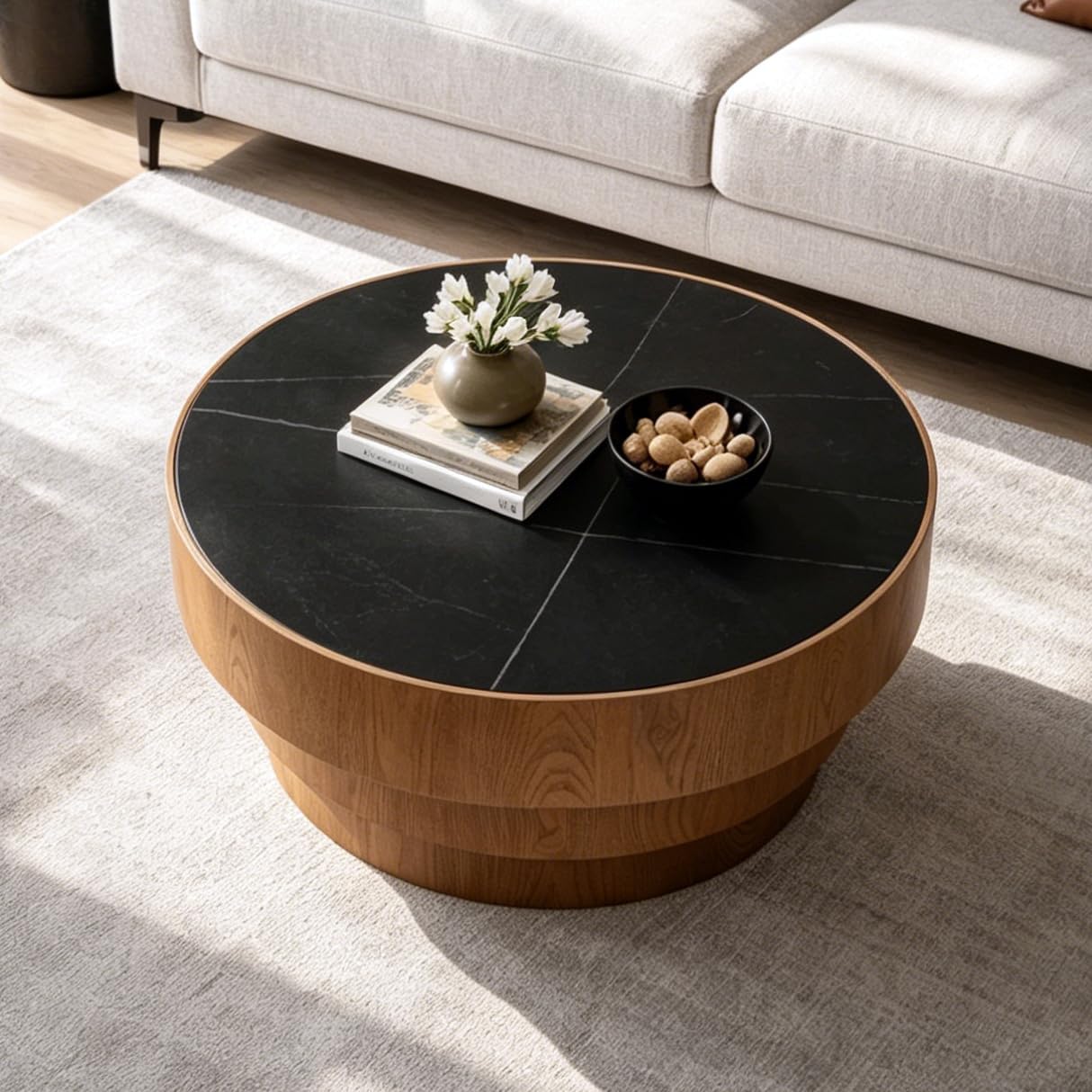 31.5' Round Marble Coffee Table for Living Room, Mid-Century Modern Coffee Table with Black Sintered Stone Top and Stable Wood Pedestal Base, Drum Cocktail Center Tea Tables for Bedroom Apartment