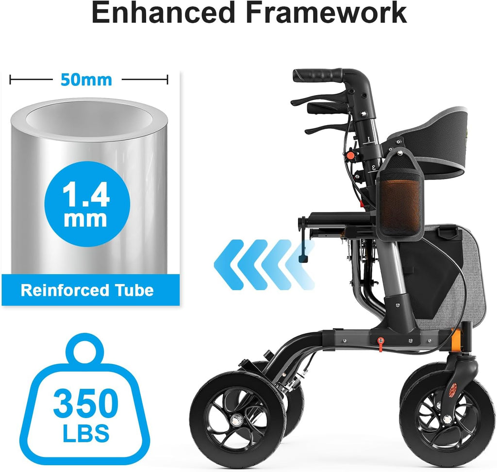 Walkers for Seniors, Rollator Walker with Seat, 350 lb Weight Capacity, 18' Big Seat, 8' All-Terrain Wheels, 6-Level Adjustable Height, Lightweight Aluminum Frame Rollator Walkers for Seniors (Gray)