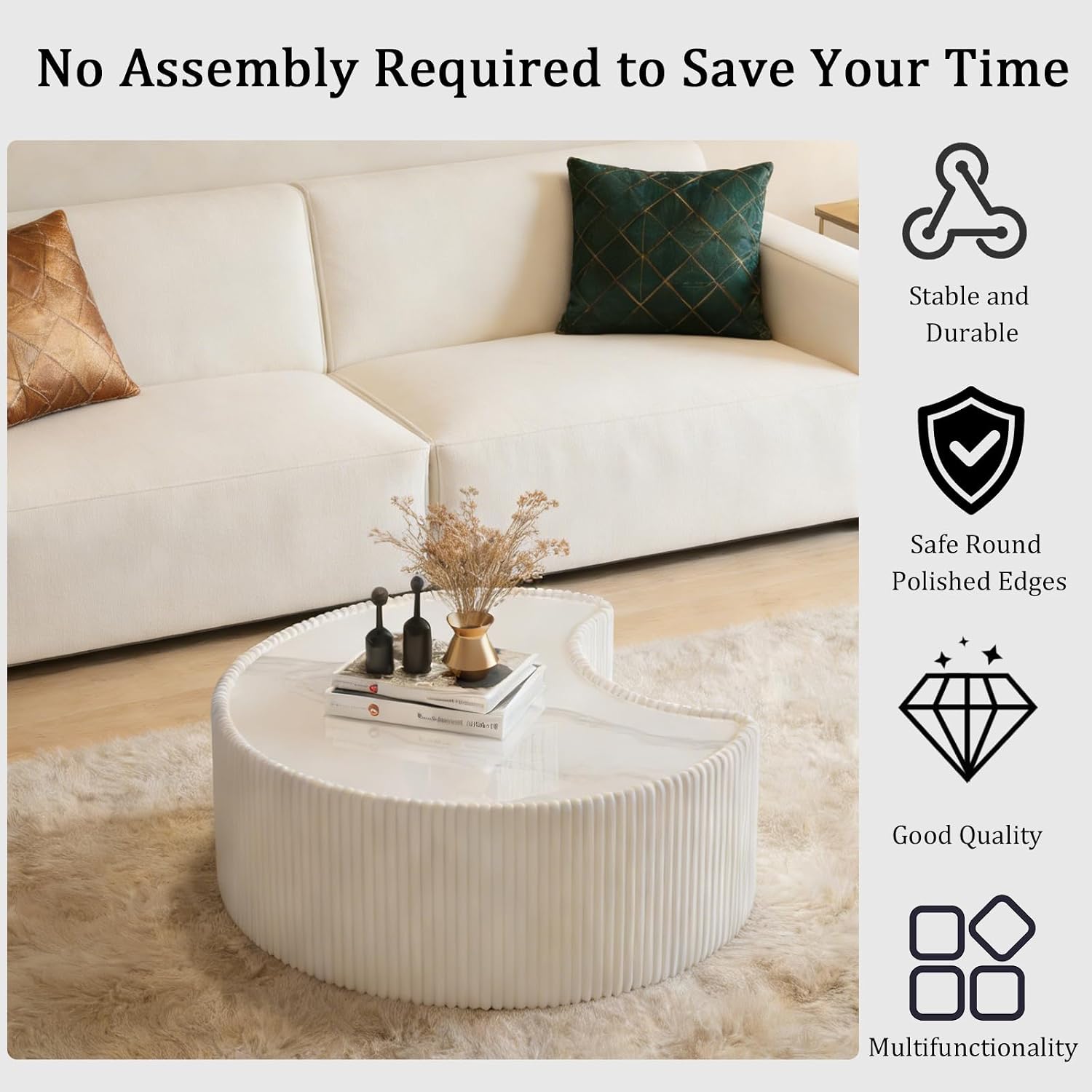 White Round Coffee Table with Sintered Stone Tabletop, 29.53' Drum Coffee Table with Fluted PU Leather Covered and Stable Base, Circle Cocktail Tea Table for Living Room