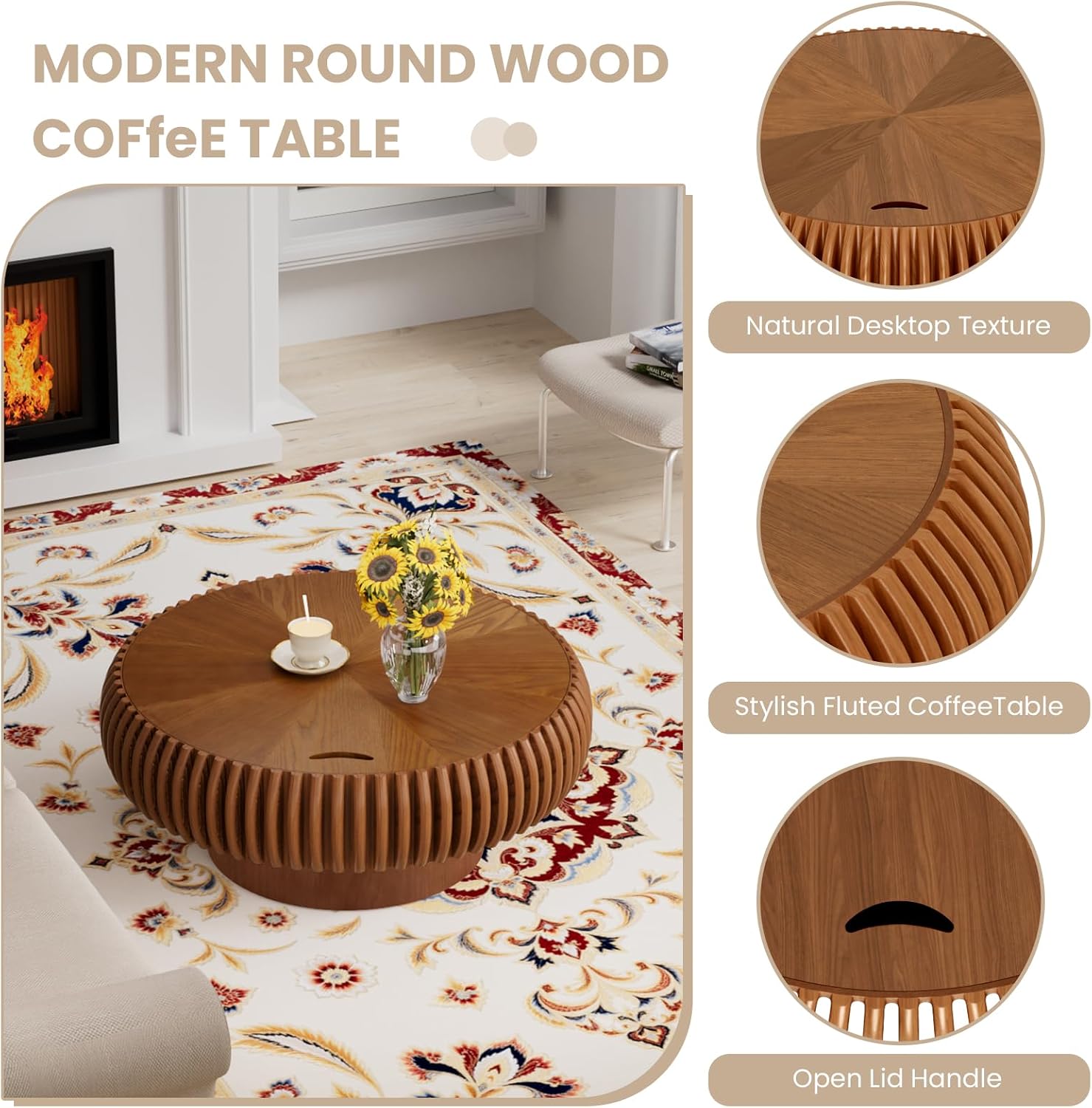 31.49'' Round Fluted Coffee Table with Storage, Modern Wooden Drum Coffee Table, Circle Center Table Accent Tea Table with Sturdy Pedestal for Living Room Apartment Small Space (31.49' Storage Brown)
