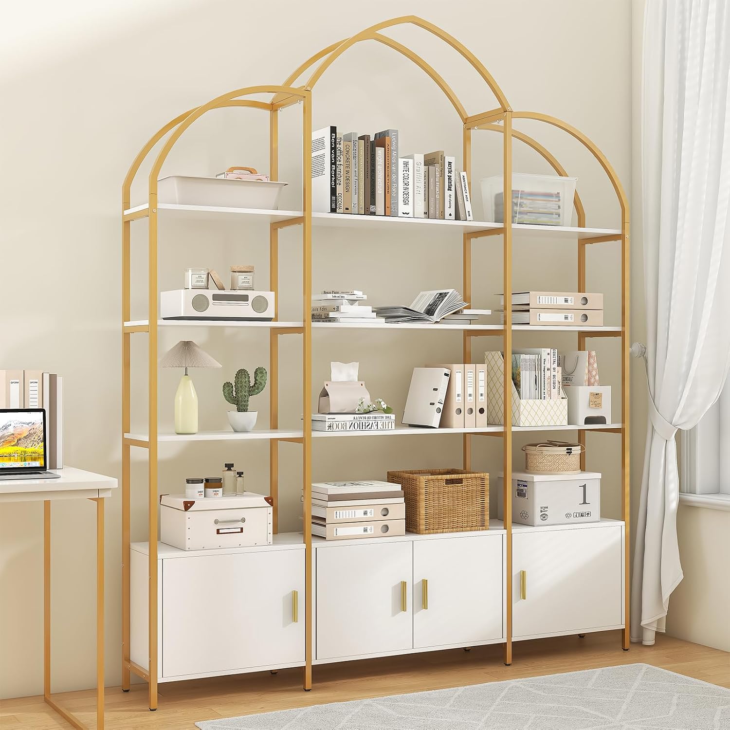 Arched Bookshelves and Bookcases: Triple Wide 5-Tier Large Open Bookshelf, Etagere Bookcase with Display Shelf for Home Office, White and Gold