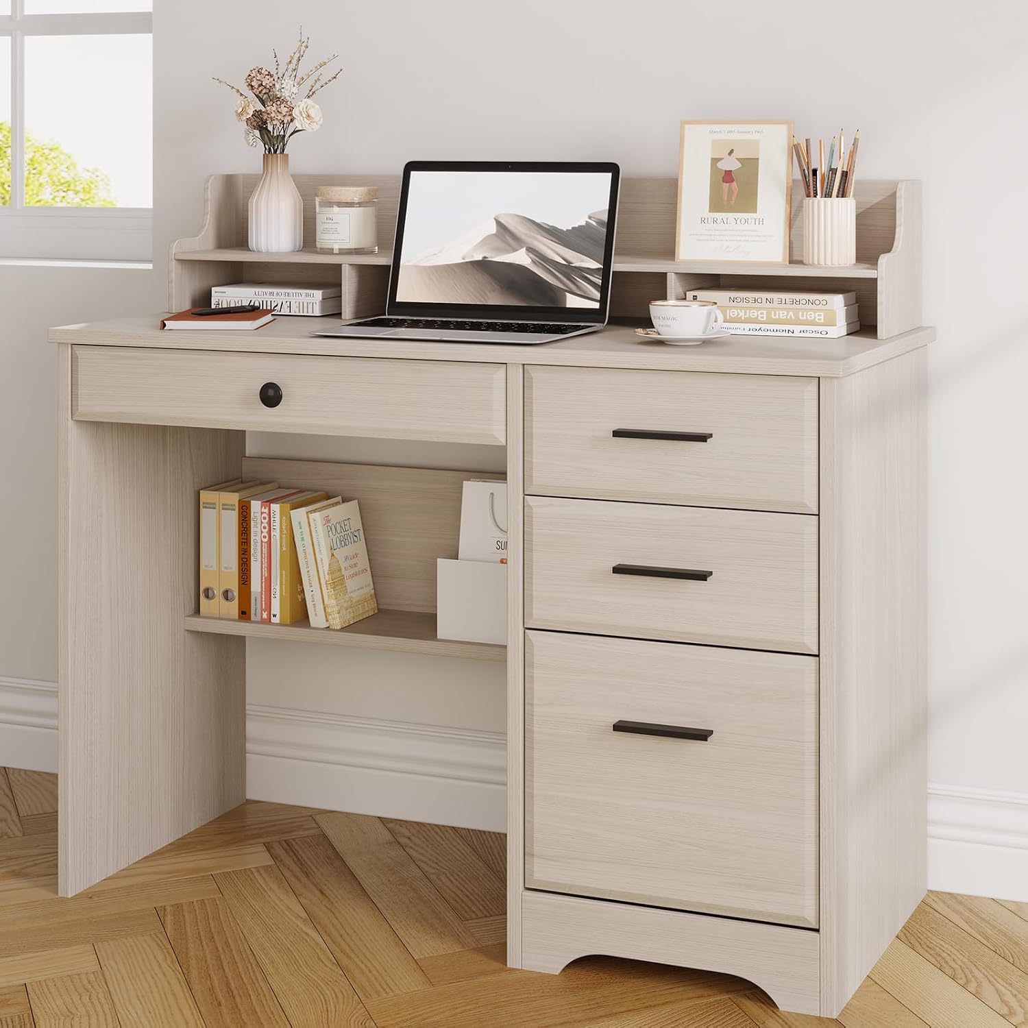 Small Desk with 4 Drawers, Computer Desk with Storage & Monitor Stand for Small Spaces, Office Desk with File Drawer & Shelves for Bedroom, Wood Writing Desk for Home Office, Milky White
