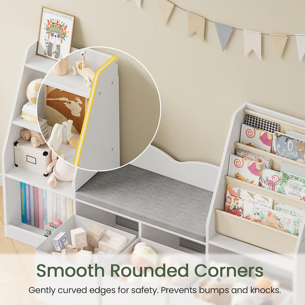 CHOEZON 53.1' Kids Bookshelf with Reading Nook, 4-in-1 Children's Bookcase with Soft Bench, Mobile Drawer & Fabric Bins, Storage Shelves, Bookshelf for Kids, White MCW18WB