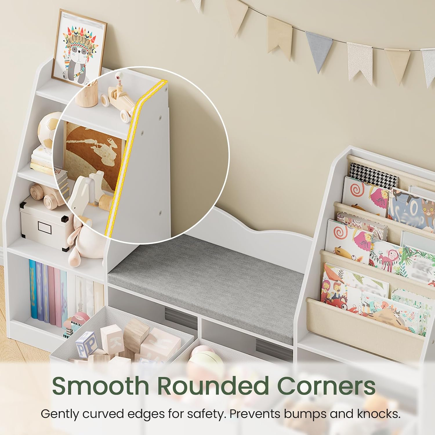 CHOEZON 53.1' Kids Bookshelf with Reading Nook, 4-in-1 Children's Bookcase with Soft Bench, Mobile Drawer & Fabric Bins, Storage Shelves, Bookshelf for Kids, White MCW18WB