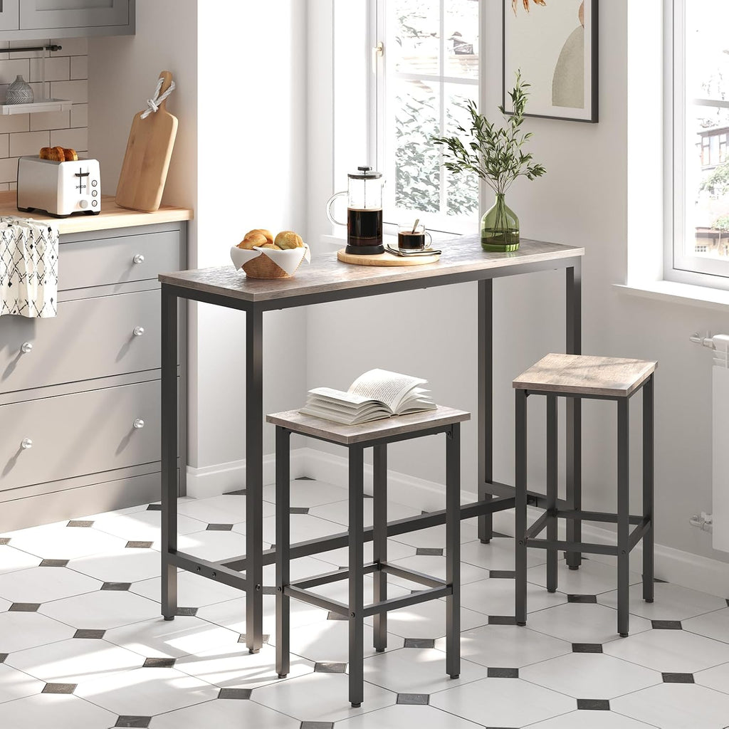 HOOBRO Bar Table and Chairs Set, 47.2' Rectangular Pub Table with 2 Stools for Small Space, High Top Table, 3-Piece Breakfast Set, Sturdy Metal Frame, Easy to Assemble, Greige BG52BT01